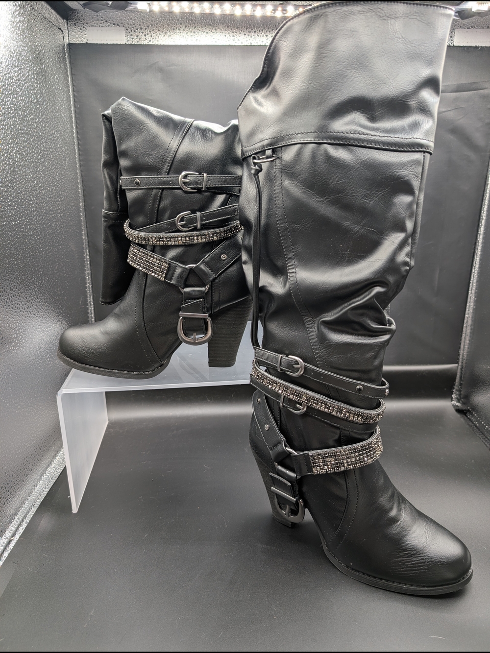 Not Rated "NWOT" Black Rhinestone Strap Mid-Calf Heeled Boots - Picture 2 of 5